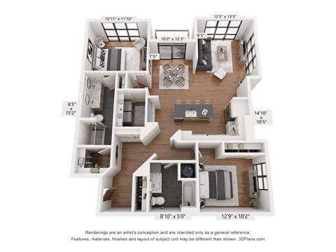 A 3D floor plan of a house with a kitchen, living room, and two bedrooms.
